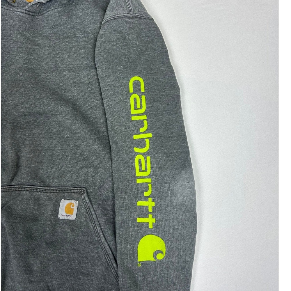 Carhartt Mens 2XL Original Fit Sleeve Logo Hoodie Charcoal Gray Neon Green - Picture 3 of 4